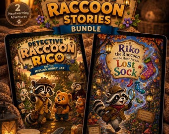 Printable Childrens Books PDF Bundle | Raccoon Detective Digital Download | Kids Bedtime Storybook Pack | Toddler Cute Animal Stories 2 Pack
