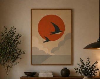 Swallow Bird Mid Century Sun Print, Minimalist Boho Clouds Wall Art (Digital Download)