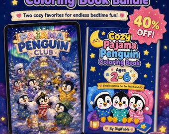 Penguin Bedtime Bundle, Cute Kids Ebook and Coloring Book PDF, Printable Toddler Activity Pages, Pajamas Penguin Club Digital Download