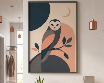 Minimalist Owl Moon Print, Mid Century Modern Earth Tone Art (Digital Download)