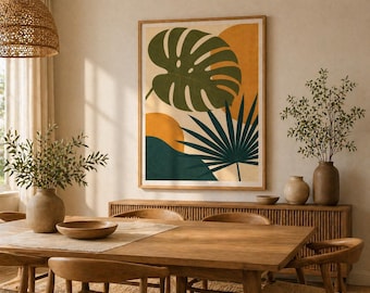 Boho Botanical Monstera Palm Leaf Print, Mid Century Modern Poster (Digital Download)