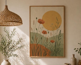 Boho Poppy Wildflower Print, Earth Tone Floral Poster, Terracotta Sun (Digital Download)