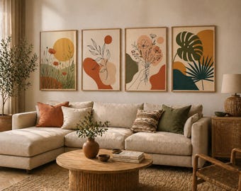 Boho Botanical Prints Set, Terracotta Floral Posters, Earth Tone Gallery Wall (Digital Download)