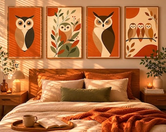 Set of 4 Owl Prints, Mid Century Modern Scandinavian Boho Wall Art (Digital Download)