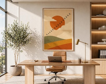 Mid Century Landscape Print, Terracotta Sun Mountains, Boho Kids Room Art (Digital Download)
