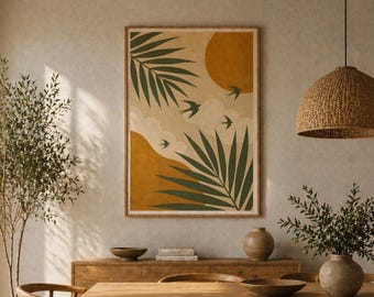 Mid Century Modern Palm Leaves Print, Terracotta Sun Birds Poster (Digital Download)