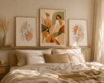 Set of 3 Boho Wall Art Prints, Abstract Beige Line Art Decor (Digital Download)