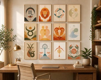 12 Zodiac Signs Boho Mid Century Modern Art Print Bundle, Astrology Wall Decor, Sun and Moon Printable Posters, Zodiac Gallery Wall Set PDF