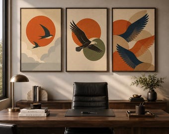 Mid Century Modern Bird Art Set, Retro Eagle Bauhaus Poster (Digital Download)