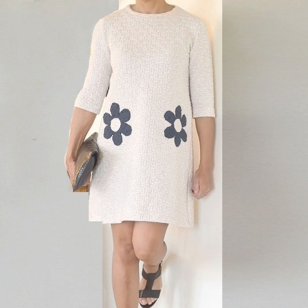 Cream Dress Women, Cotton Knit Crewneck Shift Dress, 3/4 Sleeve, Relaxed Fit, Front Embroidered Flowers, Pullover dress with no zipper