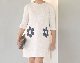 Cream Dress Women, Cotton Knit Crewneck Shift Dress, 3/4 Sleeve, Relaxed Fit, Front Embroidered Flowers, Pullover dress with no zipper