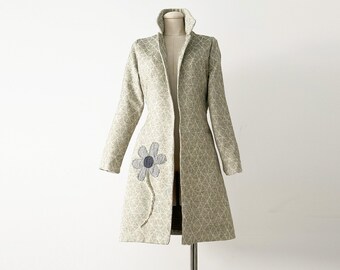 Handcrafted Green Print A-line Car Coat with Side Pockets and Side Front Embroidered Flower, Spring & Fall Outerwear, Special Occasion Coat