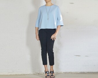 Women's Blue Tops, Women's cotton top with sleeves, Cotton Knit Blouse, Cotton Top pullover, Crew Neck Top