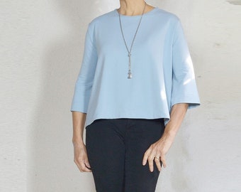 Women's Blue Tops, Women's cotton top with sleeves, Cotton Knit Blouse, Cotton Top pullover, Crew Neck Top