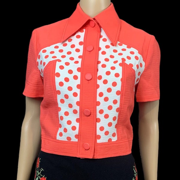 Rockabilly Shirt | 1960's Vintage | Polka Dot | Button Front | Fitted Blouse | Tangerine Top | Size 10 | FREE Shipping
