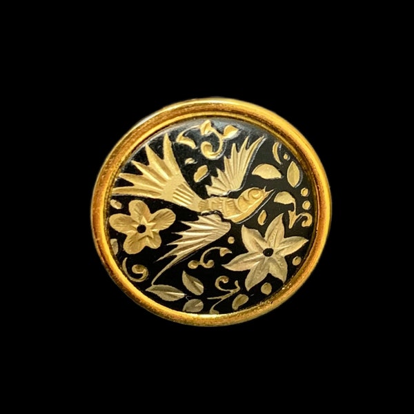 Toledo Damascene | 1970's Vintage | Round Black | 24 K Inlaid Gold | Adjustable Ring | FREE Shipping