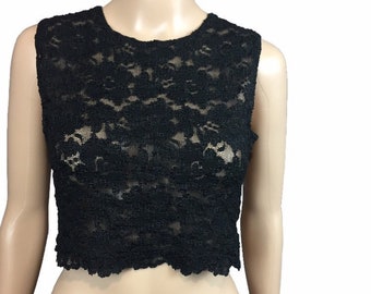 Crop Top | 1990's Vintage | Peter Mikic | Black Sleeveless | Lace Top | Size 12 | FREE Shipping