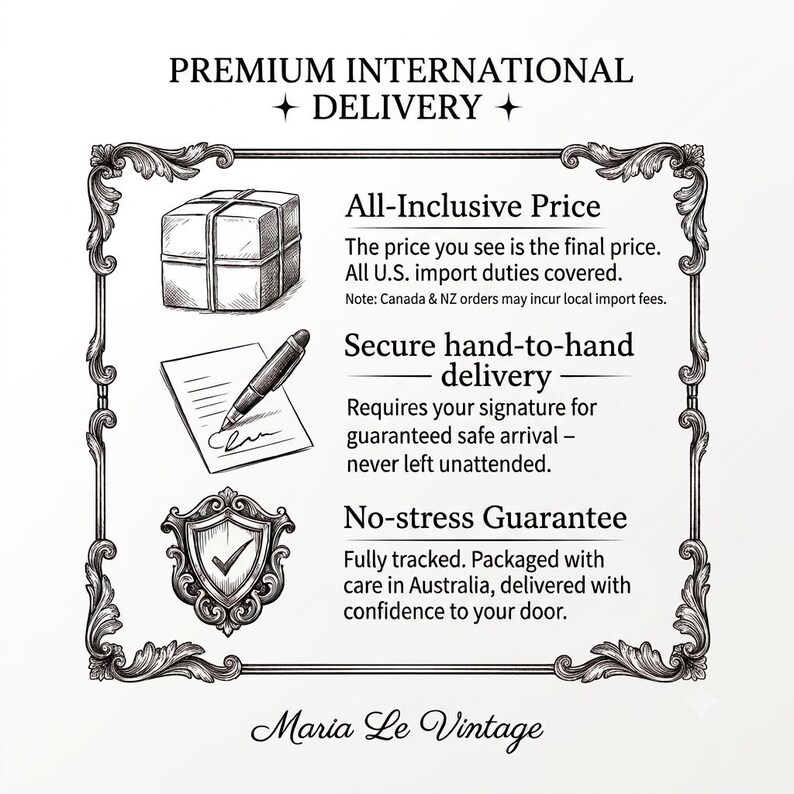 May include: A black and white informational graphic titled Premium International Delivery. It features three illustrations: a tied package, a pen signing a document, and a shield with a checkmark. Text includes All-Inclusive Price, Secure hand-to-hand delivery, No-stress Guarantee, and Maria Le Vintage.