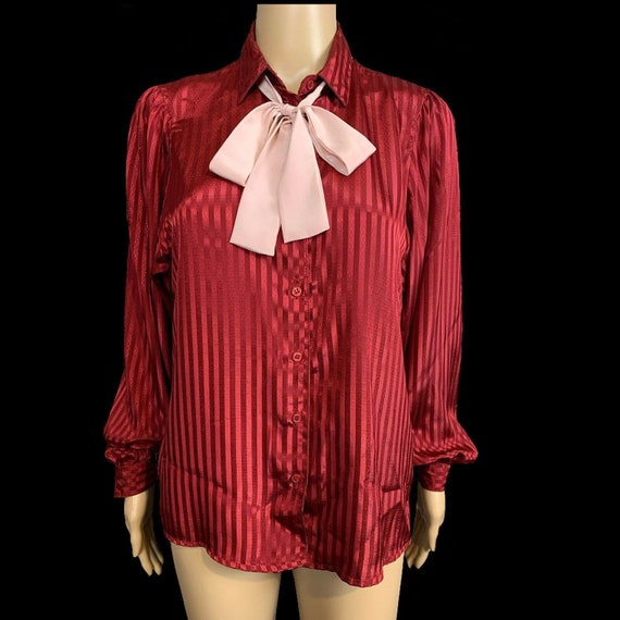 Pinup Blouse | 1980's Vintage | Red Maroon | Pink… - image 1