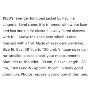 Pauline Lingerie 1960's Vintage Sheer Lavender Lace Nylon Long Bedjacket Size 16 FREE Shipping image 2