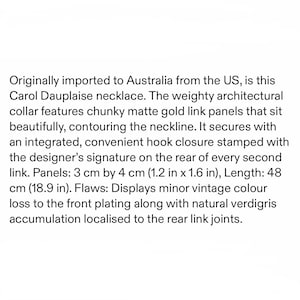 May include: A Carol Dauplaise collar necklace featuring chunky matte gold link panels. The necklace measures 18.9 inches in length, with individual panels measuring 1.2 inches by 1.6 inches. It includes an integrated hook closure.