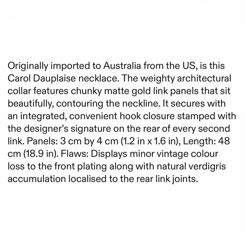 May include: A Carol Dauplaise collar necklace featuring chunky matte gold link panels. The necklace measures 18.9 inches in length, with individual panels measuring 1.2 inches by 1.6 inches. It includes an integrated hook closure.