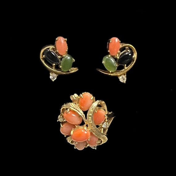 1980s Earrings and Ring Vintage Gemstone Cabochon Gold Tone Curated Set