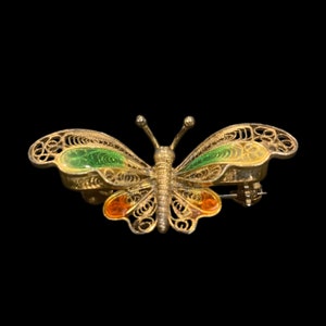 Vintage 1980&#39;s Plique A Jour Sterling Silver Gold Wash Enamel Butterfly Brooch, Italian Design Made in Italy, Retro Statement Pin w/ Patina