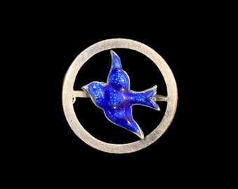 1930s Brooch Vintage Guilloché Enamel Bluebird Art Deco Happiness Pin
