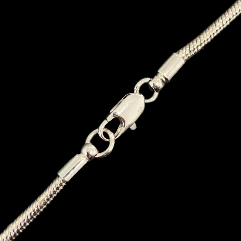May include: Close-up of a silver chain with a lobster clasp.