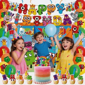May include: A vibrant birthday party scene featuring children, balloons, and a cake. The banner spells "HAPPY BIRTHDAY" with colourful number characters. The rainbow-layered cake has a rainbow topper. Cupcakes with character toppers are also visible.