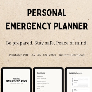 Könnte beinhalten: Ein digitaler persönlicher Notfallplaner mit dem Titel in fetten schwarzen Buchstaben. Der Planer enthält Abschnitte für persönliche Informationen, medizinische Informationen und Notfallkontakte. Der Text "Seien Sie vorbereitet. Bleiben Sie sicher. Seelenfrieden." ist ebenfalls enthalten.