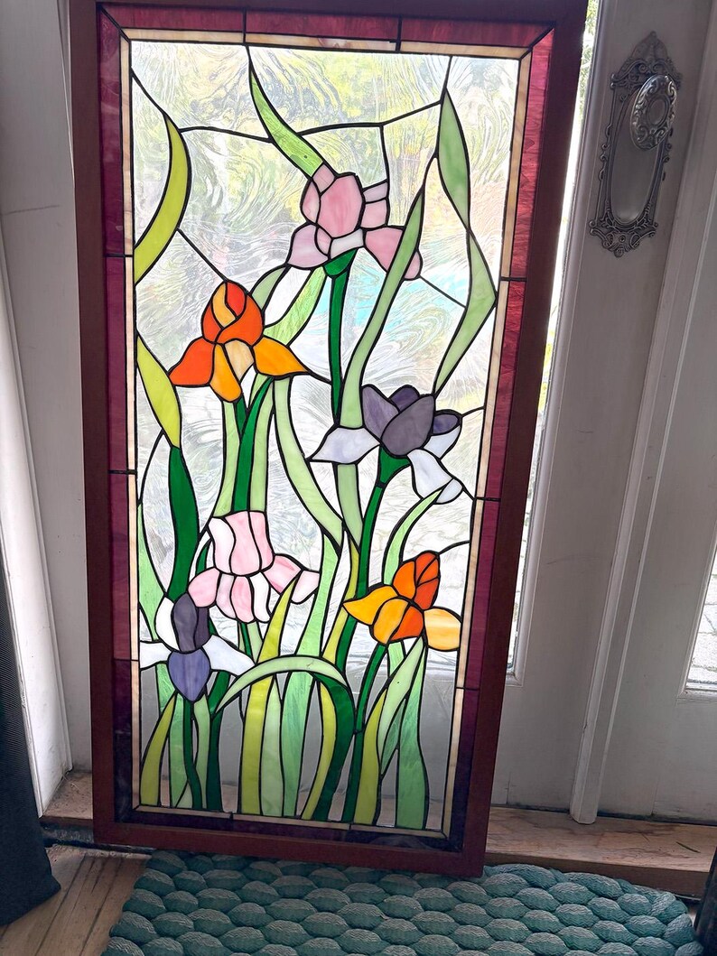 Vintage Leaded Stained Glass Floral Panels – Lotus Flower Window ...
