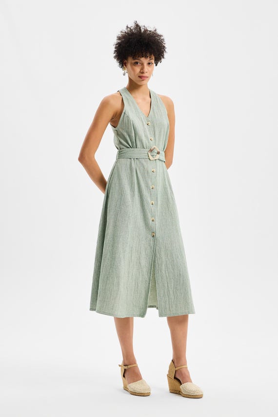 mint green cotton dress Shirt – Sleeveless Belted Midi Resort Wear LOOP FINAL SALE