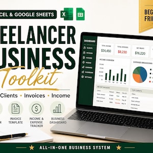 May include: A laptop displays a freelancer business toolkit dashboard with financial data, charts, and graphs. The screen shows income, expenses, and client information. The image includes the text "Freelancer Business Toolkit" and "Beginner Friendly."