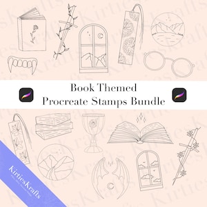 Puede incluir: Colección de ilustraciones en blanco y negro con temática de libros. Incluye imágenes de libros, marcadores, gafas, un cáliz, una espada y una ventana. El texto "Book Themed Procreate Stamps Bundle" se muestra en el centro.