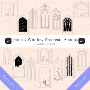 May include: A collection of black and white line art illustrations featuring various arched window designs, some with interior scenes like mountains, books, and plants, labelled Fantasy Window Procreate Stamps Digital Download.