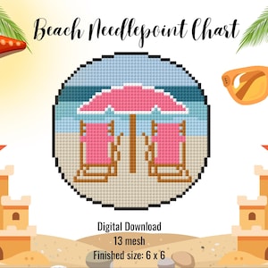 May include: A digital needlepoint chart with a beach theme. The design features a beach scene with a pink umbrella, two pink beach chairs, and a blue ocean. The finished size is 6 x 6 inches.