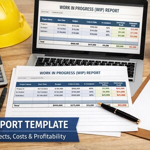 Puede incluir: Un portátil que muestra un 'Informe de progreso del trabajo (WIP)' con datos del proyecto, una calculadora, un bolígrafo y una taza de café. Un casco amarillo está en la parte superior izquierda. El texto 'WIP Report Template' es visible.