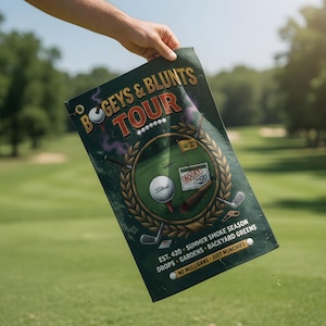 May include: A green golf towel with the words "Bogeys & Blunts Tour" in red and white. The towel features golf-themed illustrations, including a golf ball, a cigar, and a flag with the text "Bogey +420". Additional text includes "Est. 420 Summer Smoke Season".