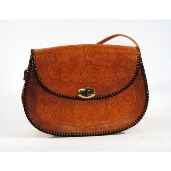 Handmade Tooled Brown Leather Saddle Style Handba… - image 1