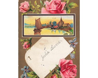 Vintage Roses & Lake Szene-Postkarte, vergoldet, 1907-1915