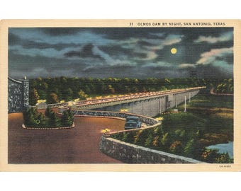 Postcard Olmos Dam by Night San Antonio Texas Vintage Linen Unposted 1930-1950