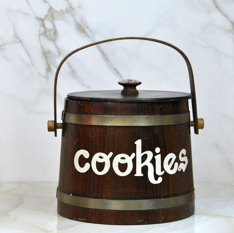 Collectible Jar Bucket Hand Painted Vintage Wooden Bucket Cookie Jar or Biscuit Jar Winterparkcollect Putney New York Basketville