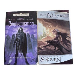 May include: Two paperback books, "Condemnation" and "Sojourn", from the Forgotten Realms series. "Condemnation" features a cloaked figure with a sword. "Sojourn" depicts a creature with a panther. Both are New York Times bestsellers.