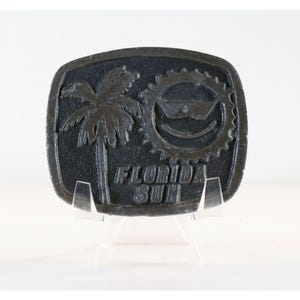 Florida Sun Belt Buckle Solid Pewter Buckle Vintage Buckle 1980s Palm Tree Smiley Sun