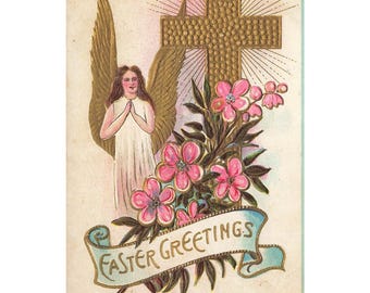 Cartão-postal de Páscoa com anjo, cruz e flores. Verso dividido. Não circulado. 1907-1915.