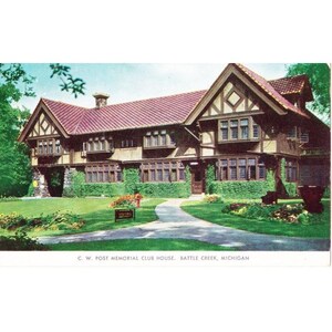 Pocztówka C.W. Post Memorial Club House, Battle Creek, Michigan Vintage Chrome Wysłane w latach 1939-1970
