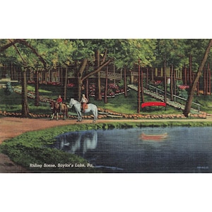 Postcard Riding Scene, Saylor&#39;s Lake, Pa. Vintage Linen Unposted 1930-1950