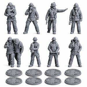 Peut inclure: Ensemble de huit figurines miniatures de pompiers gris, dans diverses poses. Les figurines portent des casques, des vestes et des pantalons, certaines avec des équipements. L'ensemble comprend huit socles texturés.